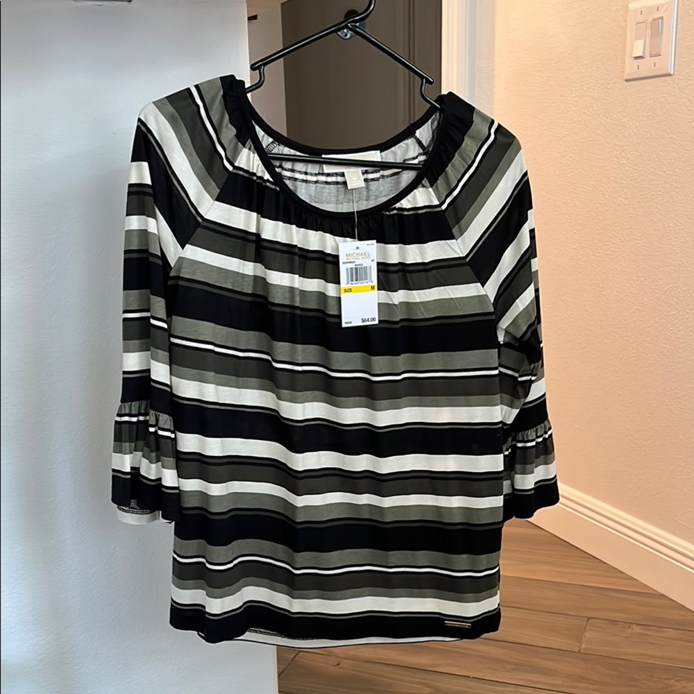 Black and White Striped Blouse with 3/4 Sleeves